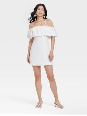 Women dress size 10 White Off-Shoulder Mini Dress with Puff Detail & lining .